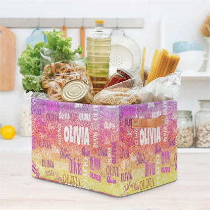 Custom Storage Baskets for Kids with Name, Large Foldable Organizer Collapsible Storage Bin with Leather Handle for Home Toys Closet Nursery, Bling Glitters Colorful Red Yellow