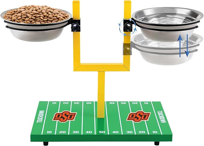 NCAA Oklahoma State Cowboys Goalpost Football Field Dog Feeder – Adjustable Elevated Dog Bowls with Stand, 2 Stainless Steel Bowls, Non-Slip Rubber Feet, Raised Pet Feeder for Large & Small Dogs