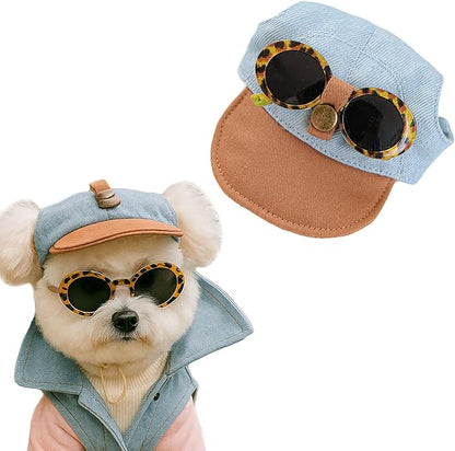 2 Pcs Pet Baseball Cap and Sunglasses, Dog Sun Hat with Ear Holes, Summer Adjustable Buckle Visor Caps for Cats, Small Medium Dogs (Brown, Small)