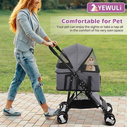 Pet Strollers, Dog Cat Stroller 3-in-1 Detachable Doggy Stroller for Small Medium Dogs 4 Wheel Dog Travel Cart Cat Walker Foldable Wagons for Dogs Trolley for Doggie Rabbit Puppy Strollers, Grey