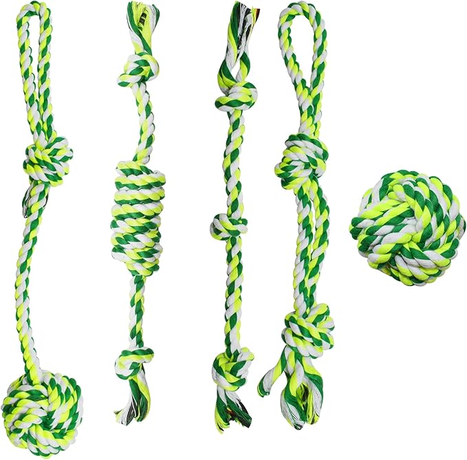 ASOCEA 5 Pack Dog Rope Toys Cotton Puppy Teething Rope Durable Chew Toys for Boredom Small Medium Dogs Interactive Tug Toy for Training Fetching （Green）