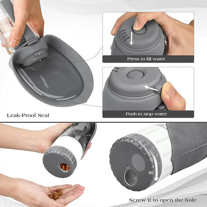 Upgraded Dog Water Bottle, Portable Dog Cat Puppy Pet Water Dispenser Feeder with Drinking Cup and Food Container Leak Proof for Outdoor Walking, Travel, Hiking 12OZ Grey
