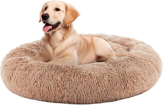 Sweetcrispy Donut Dog Bed, Large Round Calming Cat Bed with Washable Waterproof Cushion, Anti-Anxiety & Anti-Slip Fluffy Cuddle Cozy Faux Fur Plush for Pet Puppy Indoor Sleeping (30.7"x30.7", Brown)