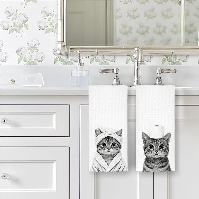 Funny Cat Bathroom Hand Towels, Cat Mom Lovers Lady Gifts for Women, Pet Lover Gifts Decorative Hand Towels for Bathroom Decor, 16x24 Inch Set of 2