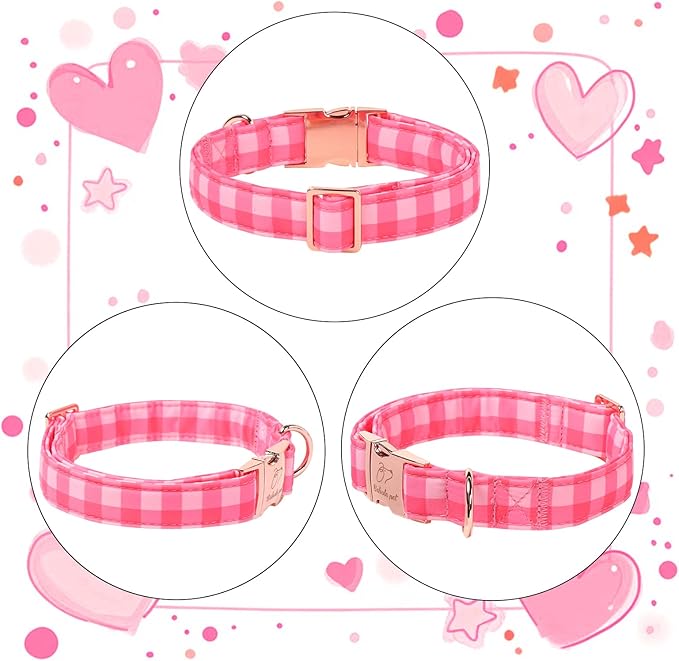 Pink Checkerboard Dog Collar, Classic Girly Plaid Dog Collars, Adjustable Heavy Duty Girl Dogs Collar for Small Medium Large Dogs with Metal Buckle M