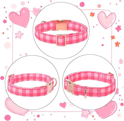 Pink Checkerboard Dog Collar, Classic Girly Plaid Dog Collars, Adjustable Heavy Duty Girl Dogs Collar for Small Medium Large Dogs with Metal Buckle L
