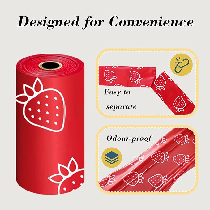 Strawberry Scented Dog Poop Bags - 630 counts red Pet Waste Bags with Dispensers, Extra Large 13x9 Inch Leak-Proof Fragrance Bags for Dogs Walking and Cat Litter
