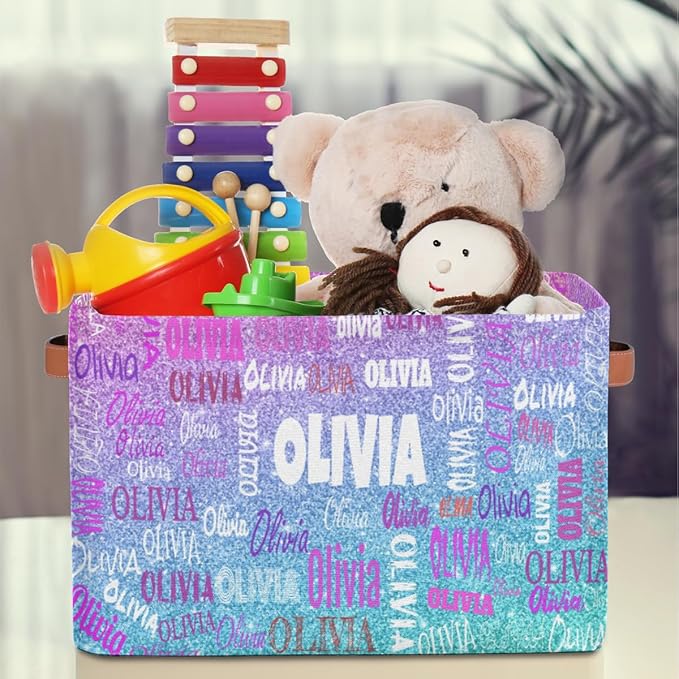 Custom Rectangle Storage Basket, Personalized Name Organizer Bin for Pet/Children Toys, Books, Clothes, Perfect for Rooms/Playroom, Light Blue Purple Glitters Bling