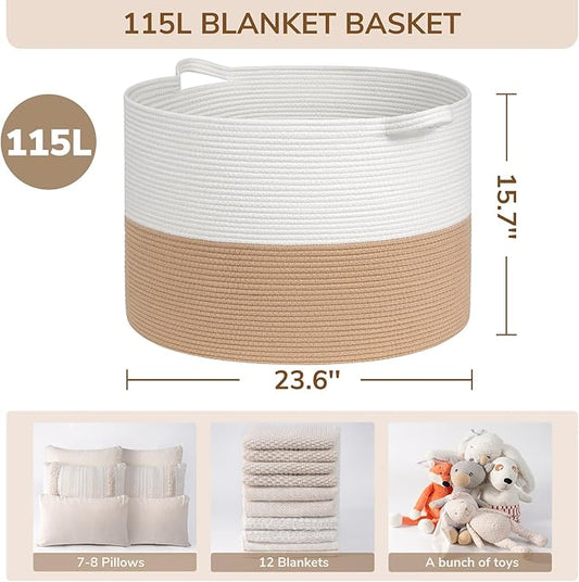 INDRESSME 115L Extra Large Jute Rope Basket, Blanket Basket Home Decor Baby Laundry Baskets for Toys Storage Bedroom, Living Room, Nursery, Boho Hamper for Colthes Towel, White & Camel