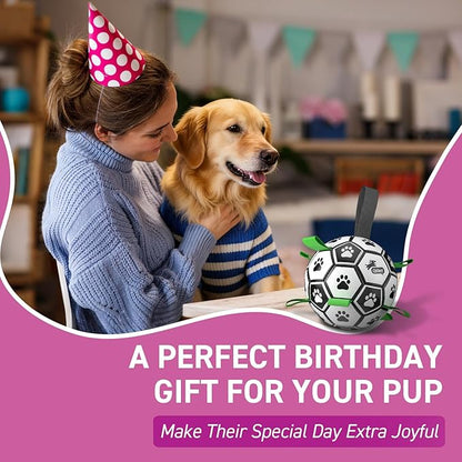 QDAN Dog Soccer Balls Toy with Bell Inside, Outdoor Interactive Dog Toys, Durable Ropes Squeaky Ball for Medium Large Dogs (8 Inch)