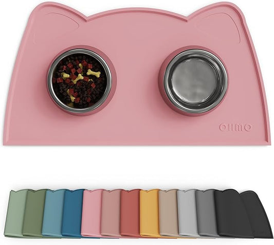 OHMO - Cat Food Mat, Silicone Pet Feeding Mat for Floor Non-Skid Waterproof Dog Water Bowl Tray, Easy to Clean Pet Placemat (Pink, 18 * 9.8'')