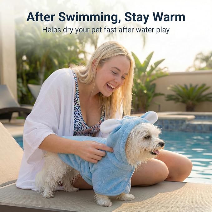 Dog Bathrobe Super Absorbent Towel for Small Dogs Cats Fast Drying Dog Robe Coat with Hood Puppy Cat Bath Towel Wrap Pet Grooming Supplies After Shower (Blue,S)