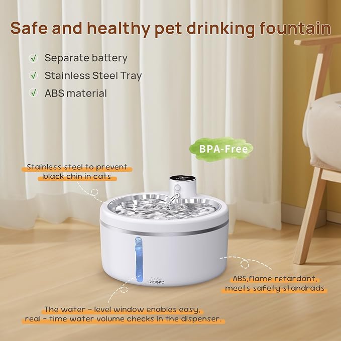 Wireless Cat Water Fountain with Stainless Steel Tray, 84oz/2.5L Pet Fountain for Cats Inside, Cat Fountain for Drinking with Motion Sensor, Ultra Quiet Pump for Pets&Small Animals (84oz+2Filters)