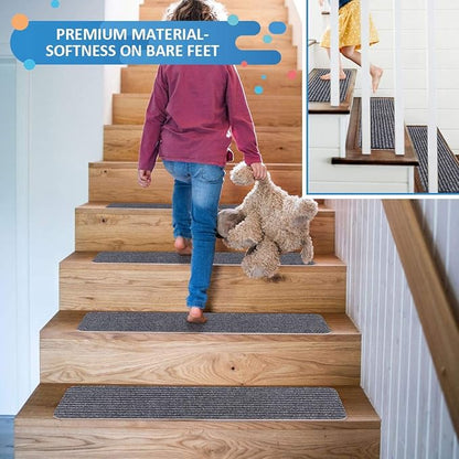 RIOLAND Stair Treads Carpet Non-Slip Indoor Stair Runners for Wooden Steps, Stair Rugs for Kids and Dogs, Set of 15, 8" X 30", Gray