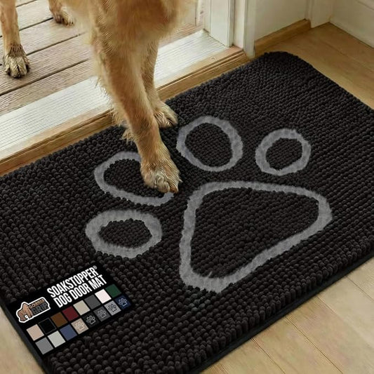 GORILLA GRIP SoakSTOPPER Dog Door Mat, 36x24 Machine Washable Rug Absorbent Doormat Captures Moisture Mud Dirt, Quick Dry Soft Chenille Entryway Rugs Indoor Entrance Mats for Dog Paws, Black White