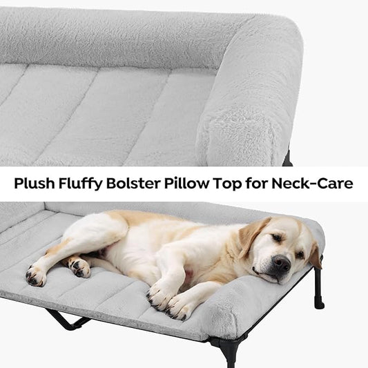 Veehoo Orthopedic Elevated Dog Bed with Fluffy Plush Bolster Cushion, Indoor Raised Dog Beds for Large Dogs, Soft Pet Sofa Cot with Removable Washable Mat, No-Slip Feet, 49 x 33 inches, Grey