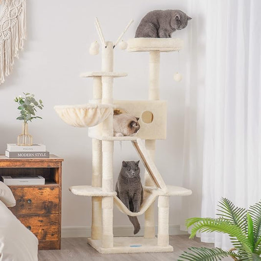 Hey-brother Cat Tree, 61 inch Cat Tower for Indoor Cats, Cat House with Padded Platform Bed, Toy Balls, Large Cozy Condo, Hammocks and Sisal Scratching Posts, Beige 0MPJ019M
