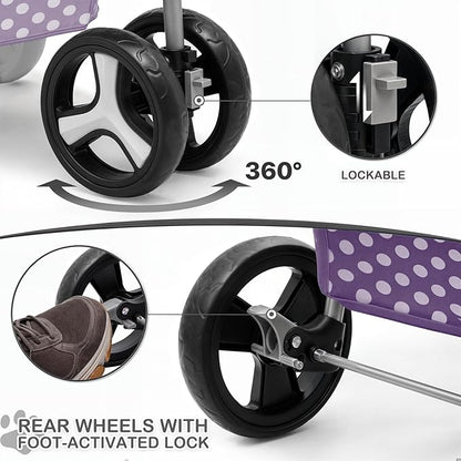 MoNiBloom 3 Wheels Pet Dog Cat Stroller for Small Medium Dogs Cats, Foldable Jogger Stroller w/Storage Basket and Cup Holder, Purple Polka Dots