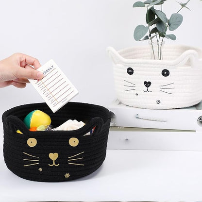 Zopeal Cat Basket Storage Woven Organizer with Ears Easter Decorative Pet Toy Cute Cotton Rope Basket for Gift Cat Dog Toy Bin Nursery Room(8.3 x 4.7 Inch,Black)