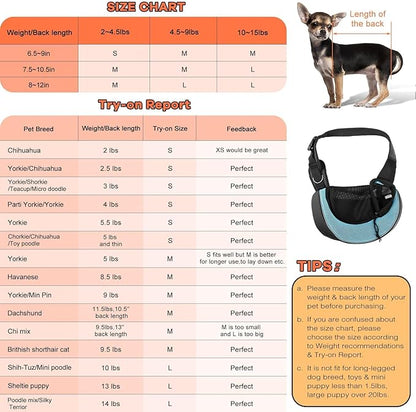 YUDODO Pet Sling Carrier for 5-9 lbs Small Dogs & Cats – Hands-Free Puppy Carrier with Safety Hook, Large Zipper Pocket, Soft Breathable Mesh, Adjustable Strap & Reflective Strip (Cyan 3.0 M)