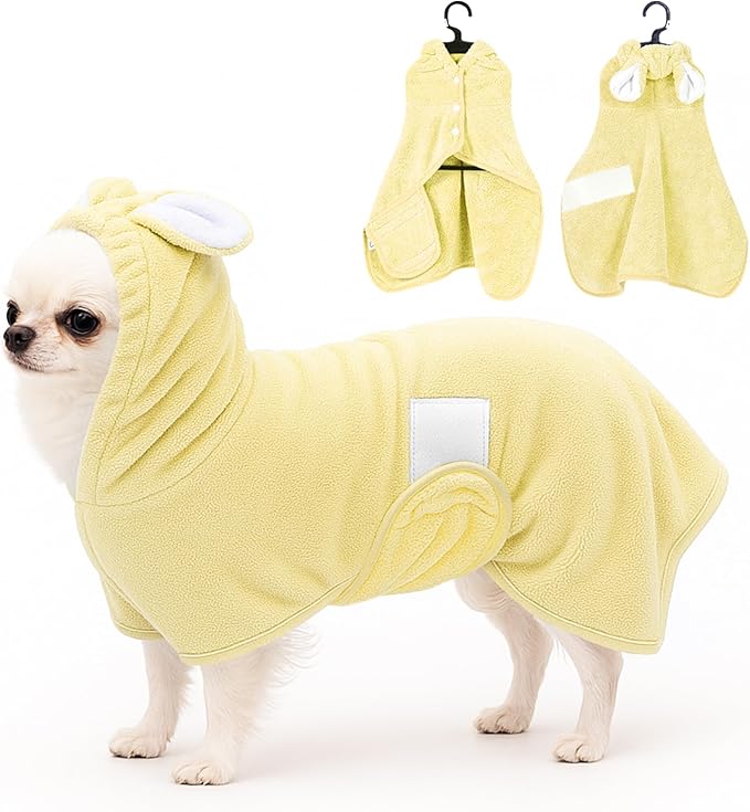 Pet Bathrobe Towel Dog Cat Drying Coat Super Absorbent Cute Dogs Bath Towel Hooded Robe Adjustable Collar & Belly Strap for XSmall to XLarge Pets (Yellow, Medium)