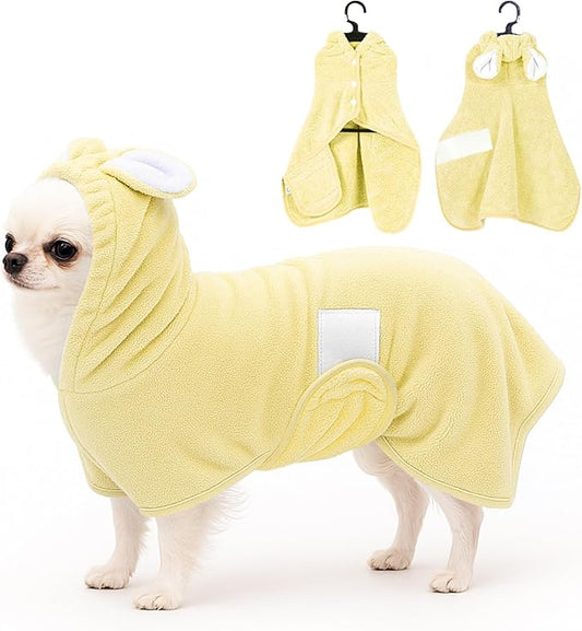 Pet Bathrobe Towel Dog Cat Drying Coat Super Absorbent Cute Dogs Bath Towel Hooded Robe Adjustable Collar & Belly Strap for XSmall to XLarge Pets (Yellow, Medium)