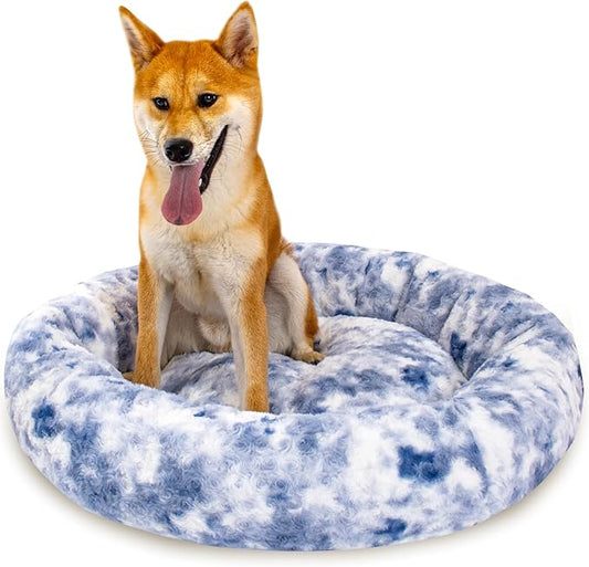 Calming Dog Bed for Medium Dogs Cats, Puppy 31'' Round Anti-Anxiety Warm Fluffy Plush Faux Fur Bed, Soft Anti-Slip Donut Washable, Cozy Medium Puppy Bed, Fits up to 50 lbs Pets