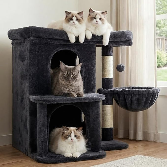 Heybly Cat Tree, 25.6-inch Cat Tower with Spacious Top Perch for Large Cats, Stair-Style Cat House Furniture with Dual-Layer Condos, Sisal Scratching Posts, Cozy Basket & Pompom, Smoky Gray HCT204SG