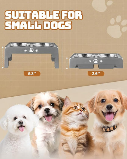 Elevated Dog Bowls for Small Dogs and Cats, Dog Feeder with 2 Thick 5.5" Stainless Steel Dishes, Non-Slip 2 Heights Adjustable to 2.6"-5.3"