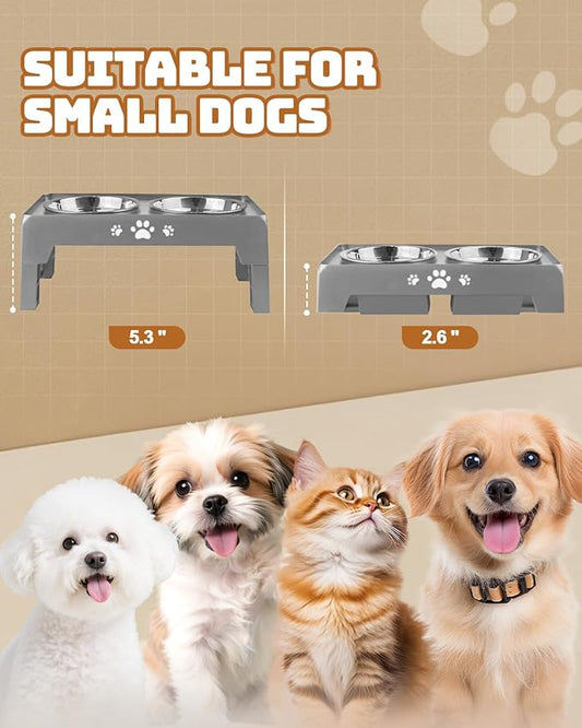 Elevated Dog Bowls for Small Dogs and Cats, Dog Feeder with 2 Thick 5.5" Stainless Steel Dishes, Non-Slip 2 Heights Adjustable to 2.6"-5.3"