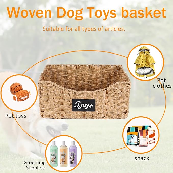 Dog Toy Storage Basket Medium,Wicker baskets for Dogs Cats,Pet Toys Bin,Collapsible Puppy Toys Box with Wire Frame,Ideal for Storing Pet Supplies, Easy-Access(Brown)