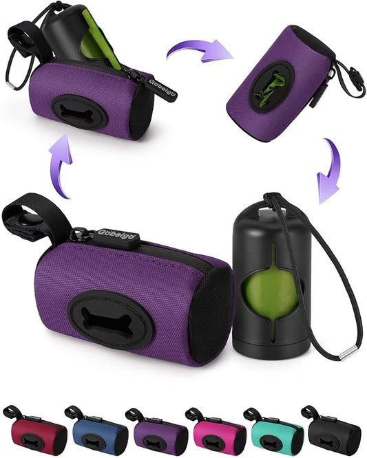 Gobeigo【Easy Pull-Out Version】 Dog Poop Bag Holder,【2-in-1 Hard Plastic Insert & Soft Fabric Bag】Snap-On Strap Dispenser Fits Retractable and Standard Leashes with 1 Roll Bags (Purple)