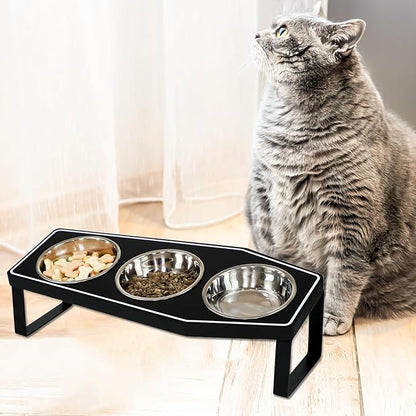 Gothic Cat Food Bowls Elevated, Raised Cat Bowls for Indoor, Non-Slip Stand & Wood Board, Stainless Steel and Whisker Friendly Food Bowls (Cat Bowl*3)