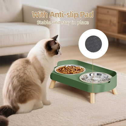Elevated Cat Bowl, Raised Cat Food and Water Bowl Set for Indoor Cats, Splash Proof with 2 Stainless Steel Pet Food Bowls for Cats and Puppies, Whisker Fatigue and Dishwasher Safe - Green
