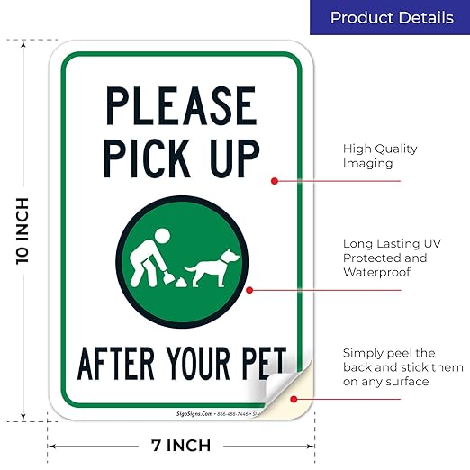Clean Up After Your Dog Sign, Please Pick Up After Your Pet Sign, 10x7 Inches, 4 Mil Vinyl Decal Stickers Weather Resistant, Made in USA