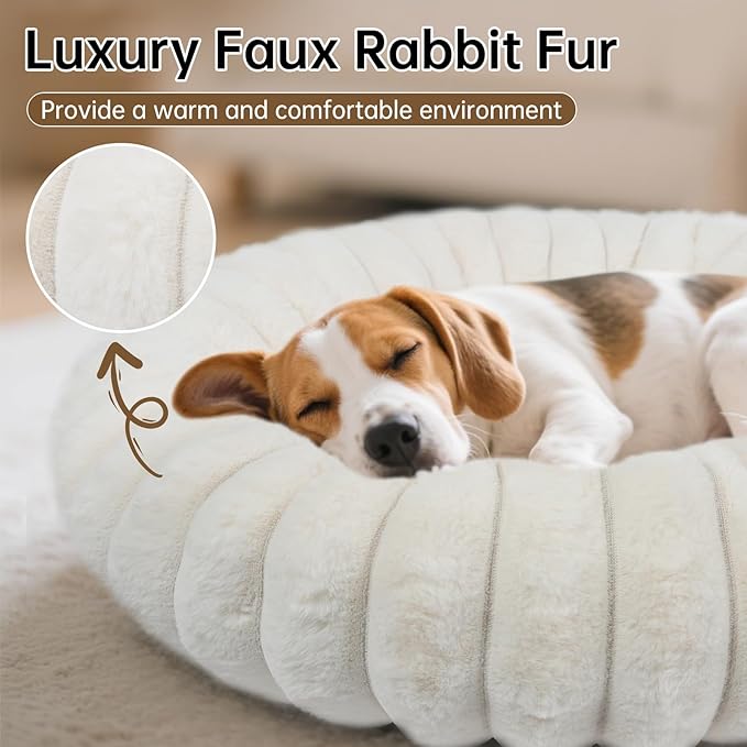 Donut Dog and Cat Bed, Luxurious Comfortable Faux Rabbit Fur Pet Beds, Round Anti-Anxiety Calming Puppy Kitten Bed with Anti-Slip Bottom for Small Medium Large Dogs & Cats(36", White)