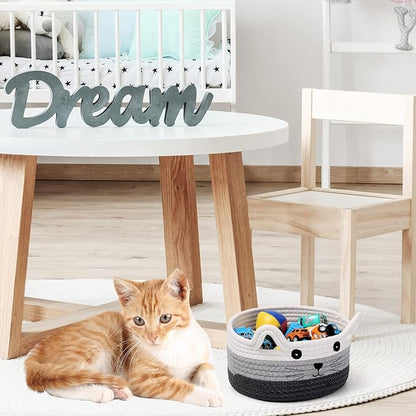 Zopeal Cat Basket Storage Woven Organizer with Ears Easter Decorative Pet Toy Cute Cotton Rope Basket for Gift Cat Dog Toy Bin Nursery Room(8.3 x 4.7 Inch,White, Light Gray and Gray)