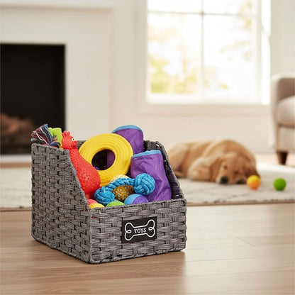 Dog Toy Basket Large Foldable Portable Rattan Dog Toy Storage Organizer for Living Room Bedroom Entryway Floor Corner Pet Toys Basket with Label, Dogs Toys Bin for Cats, Dogs and Pets-Grey
