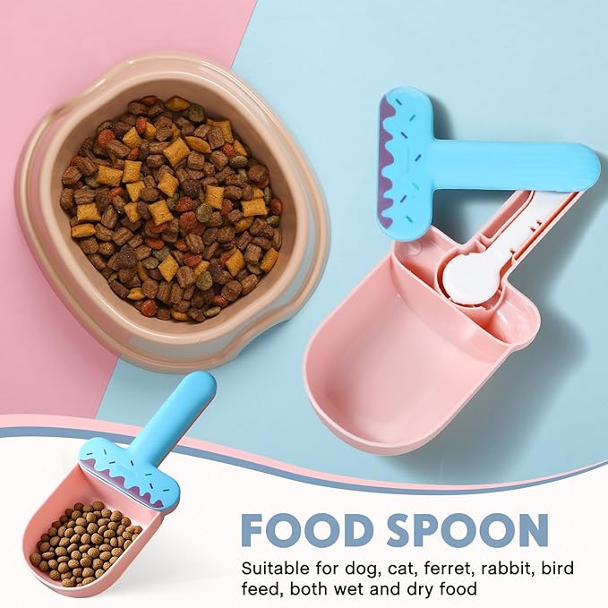 Hushee Pet Food Scoop, Sealing Clip, Dog Food Scoop, Can Opener, Canning Spoon, 4 in 1 Multifunctional Combination Set Suitable for Dog, Cat, Ferret, Rabbit, Bird Feed, Blue and Pink Ice Cream Style
