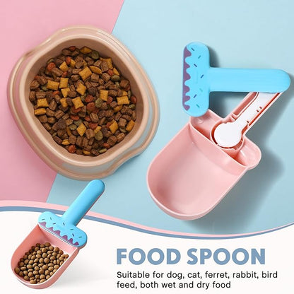 Hushee Pet Food Scoop, Sealing Clip, Dog Food Scoop, Can Opener, Canning Spoon, 4 in 1 Multifunctional Combination Set Suitable for Dog, Cat, Ferret, Rabbit, Bird Feed, Blue and Pink Ice Cream Style
