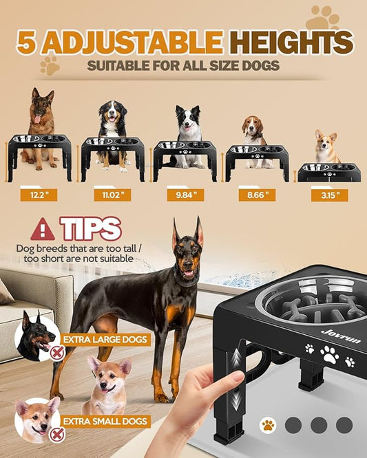 Elevated Dog Bowls with Mat, Non-Slip Dog Feeder with 1*Stainless Steel Dishes & 1*Slow Feeder Bowl, 5 Heights Adjustable Raised Bowls for 3.15″-8.66″-9.84″-11.02″-12.2″