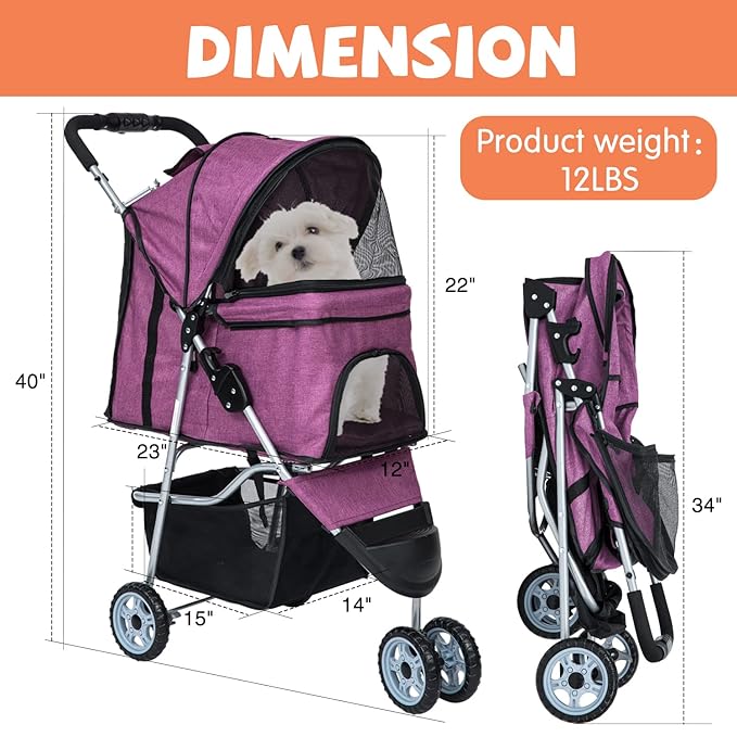 Dog Stroller for Small Dogs,Pet Stroller Strolling Cart Folding Pet Gear Lightweight Waterproof with Storage Basket for Puppy Small Medium Dogs Cats for Travel,Purple