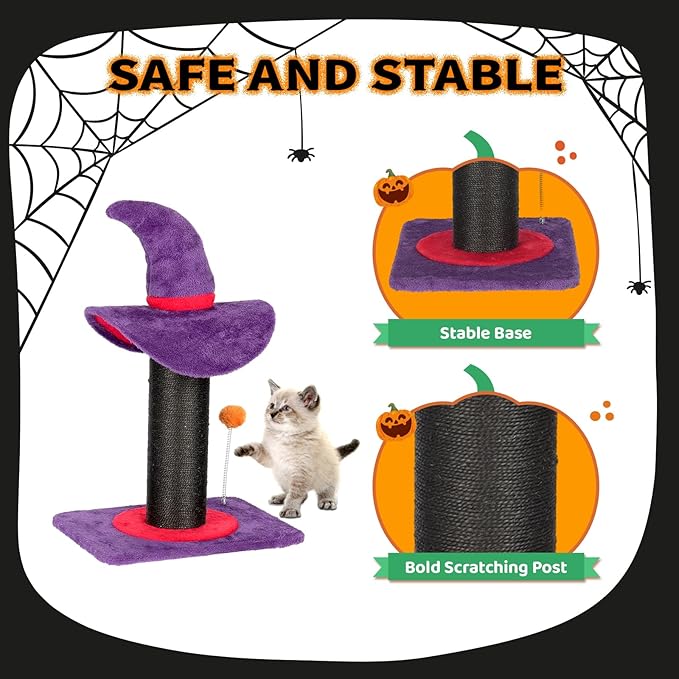 VINGLI 23.7in Wizard Hat Cat Scratching Post with Spring Ball Toy for Indoor Cats, Halloween Cat Scratcher with Purple Wizard Hat Design, Sisal Wrapped Cat Scratcher