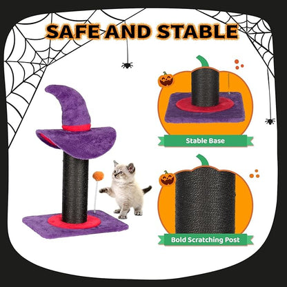 VINGLI 23.7in Wizard Hat Cat Scratching Post with Spring Ball Toy for Indoor Cats, Halloween Cat Scratcher with Purple Wizard Hat Design, Sisal Wrapped Cat Scratcher