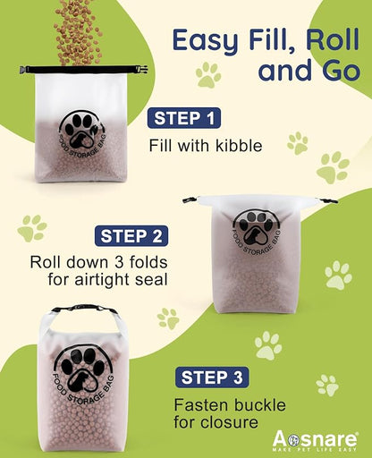 Pet Food Storage Bag for Travel - Transparent Leak-Proof Dog Food Container with Roll-Top Closure, Keeps Kibble Fresh for Camping Trip, Dog Boarding, Weekend Getaways (25 Cups+bowl)