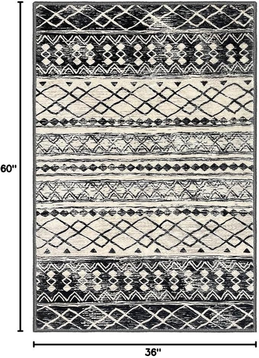 KUTA Boho Moroccan 3x5 Rugs for Entryway, Black Non-Slip Washable Low-Pile Living Room Area Rug, Ultra Soft Distressed Geometric Print Throw Carpet for Entrance, Bedroom, Nursery, Dorm, Kitchen