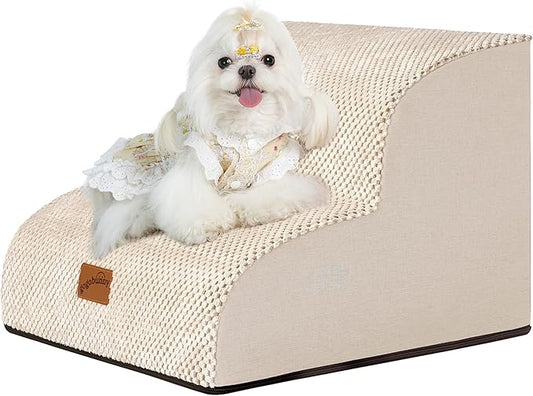 GoGoBunny Ramp Dog Stairs for Couch Sofa and Chair 11.8" H, 2-Step Pet Steps for Small Dogs and Cats, Non-Slip Waterproof Fabric Cover, Stable and Balanced Indoor Step, Pets Friendly, Beige