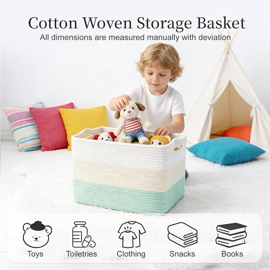 Hopegiver 3 Pack Rainbow Woven Storage Baskets for Shelves, 15x11x10 Inch Cotton Rope Decorative Organizer Bins for Blanket Clothes Book Baby Pet, Colorful Toy Basket for Nursery, Kids Room, Playroom