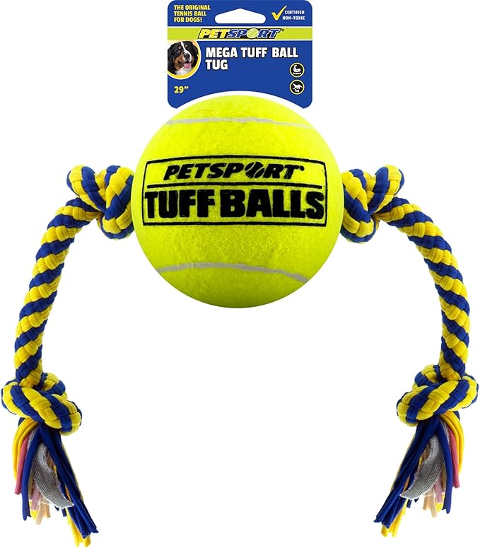 Petsport Mega Tuff Ball Tug Dog Toy - Mega Tennis Balls for Large Dogs, Dog Tug Toys, Great for Boredom & Aggressive Chewers, Dog Toy, Certified Non-toxic, Won’t Wear Down Teeth - 6"