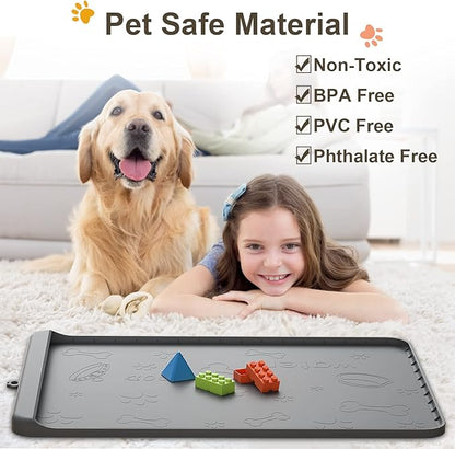 Dog Food Mat - Silicone Dog Mat for Food and Water - 36" x 24" Large Pet Feeding Mats with Residue Collection Pocket - Waterproof Dog Cat Bowl Mat with High Edges to Prevent Water Food Spills (Gray)